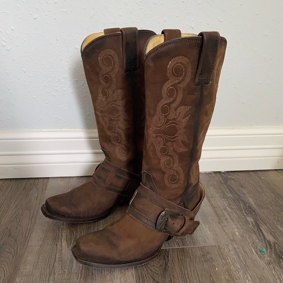 Rudel Womens Brown Leather Western Cowboy Harness Buckle Boots Square Toe 4.5E - Picture 12 of 12